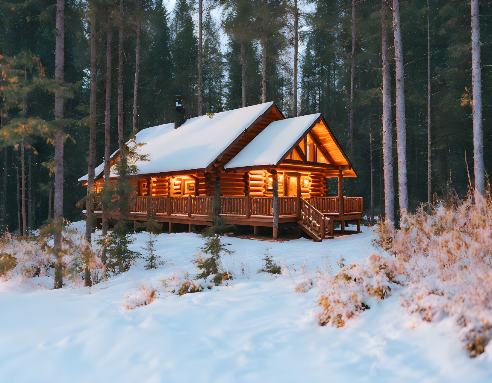 Rustic wooden cabin in snowy forest at dusk