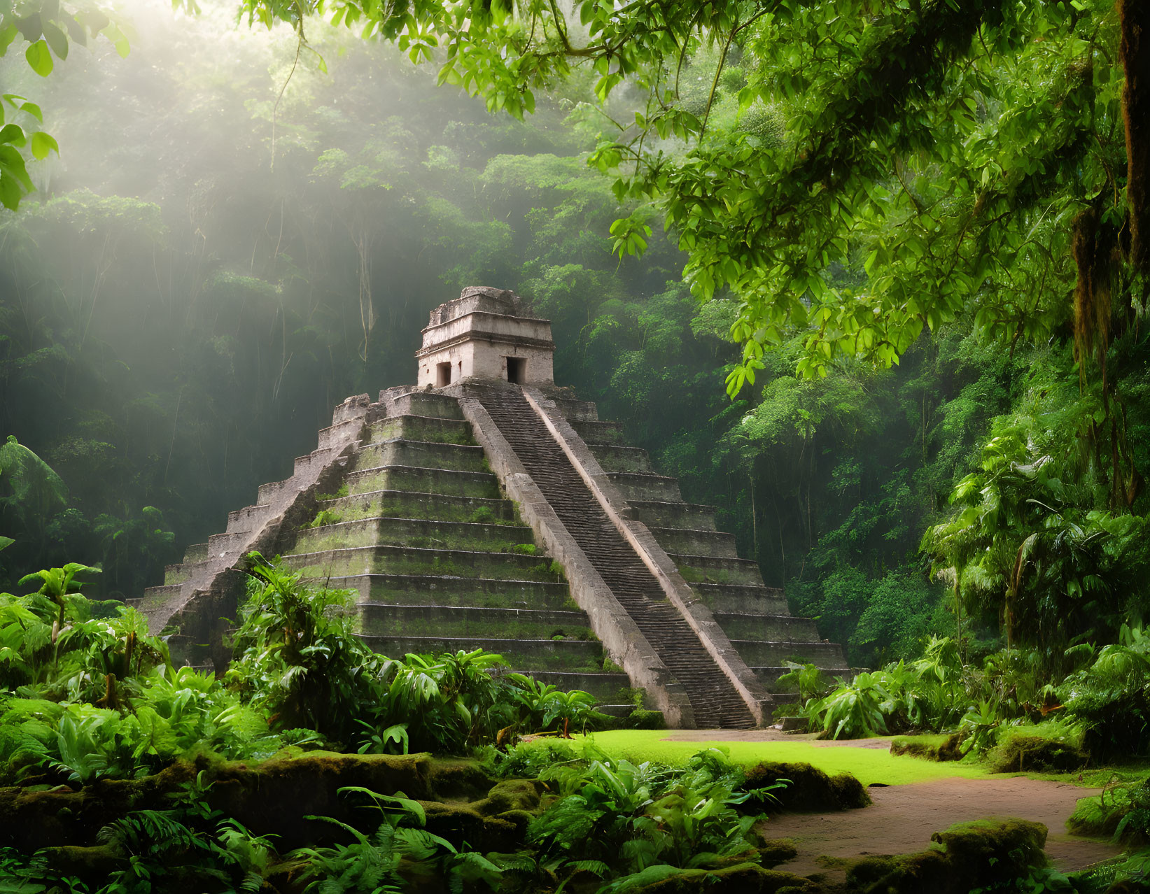 Ancient Maya pyramid in misty rainforest