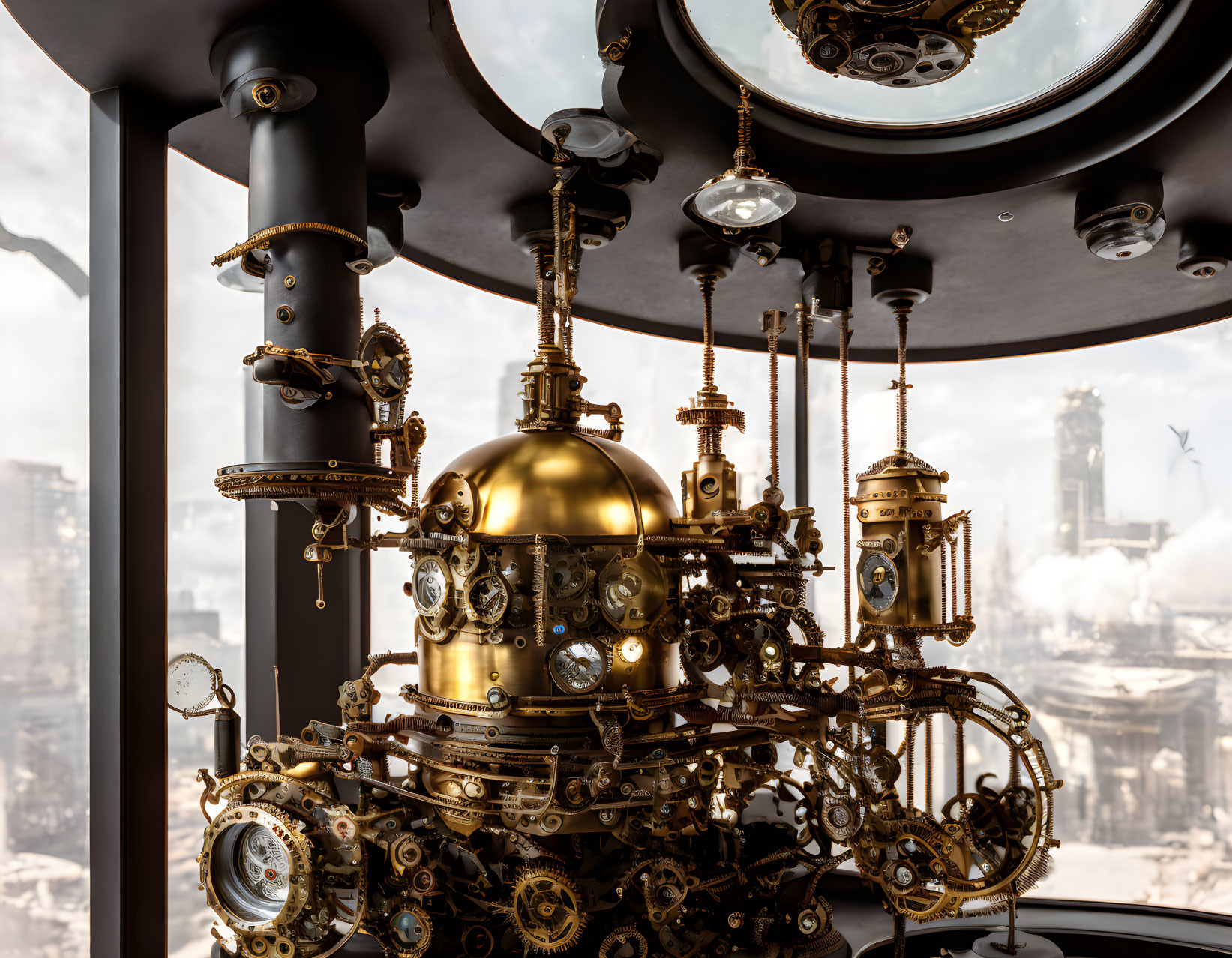 Steampunk machine with brass gears and pipes against urban skyline.