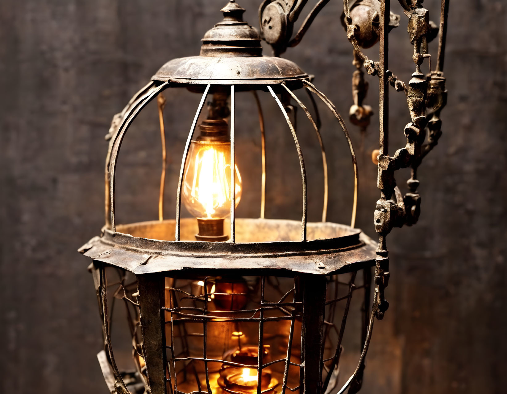 Vintage Lantern with Glowing Flame-like Bulb in Metal Cage on Rustic Background