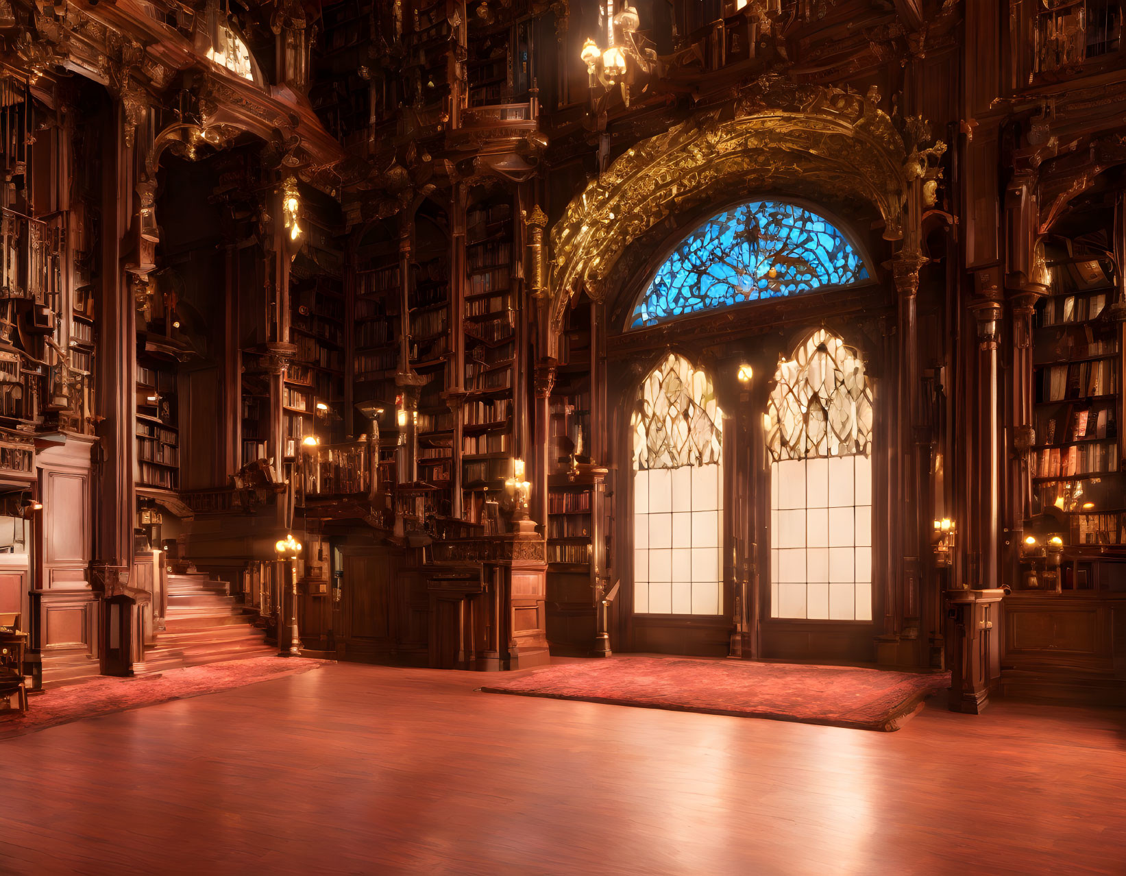 Elegant library with wooden bookshelves, arched windows, stained glass, warm lighting, and