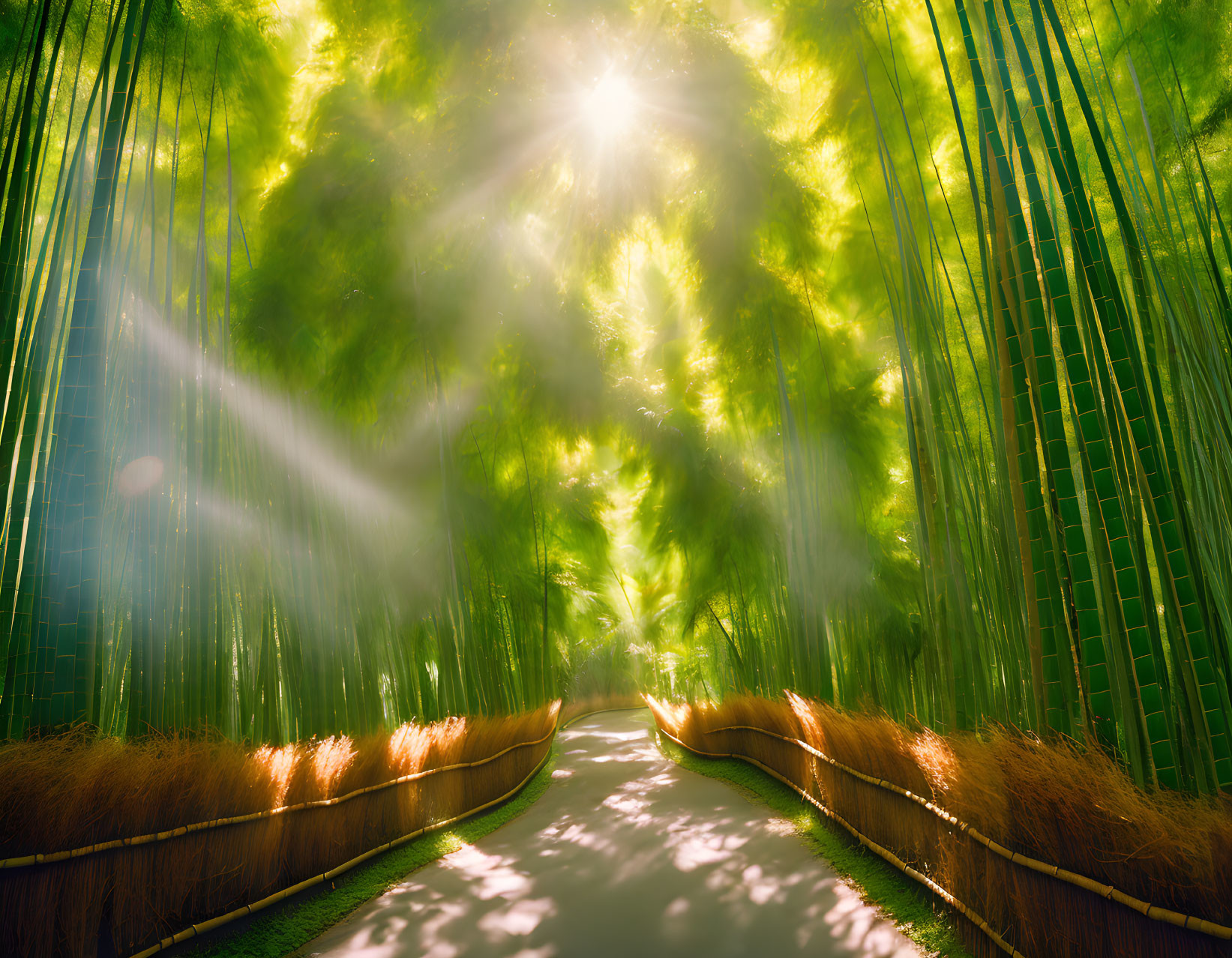 Sunlit Bamboo Forest with Vibrant Green Foliage