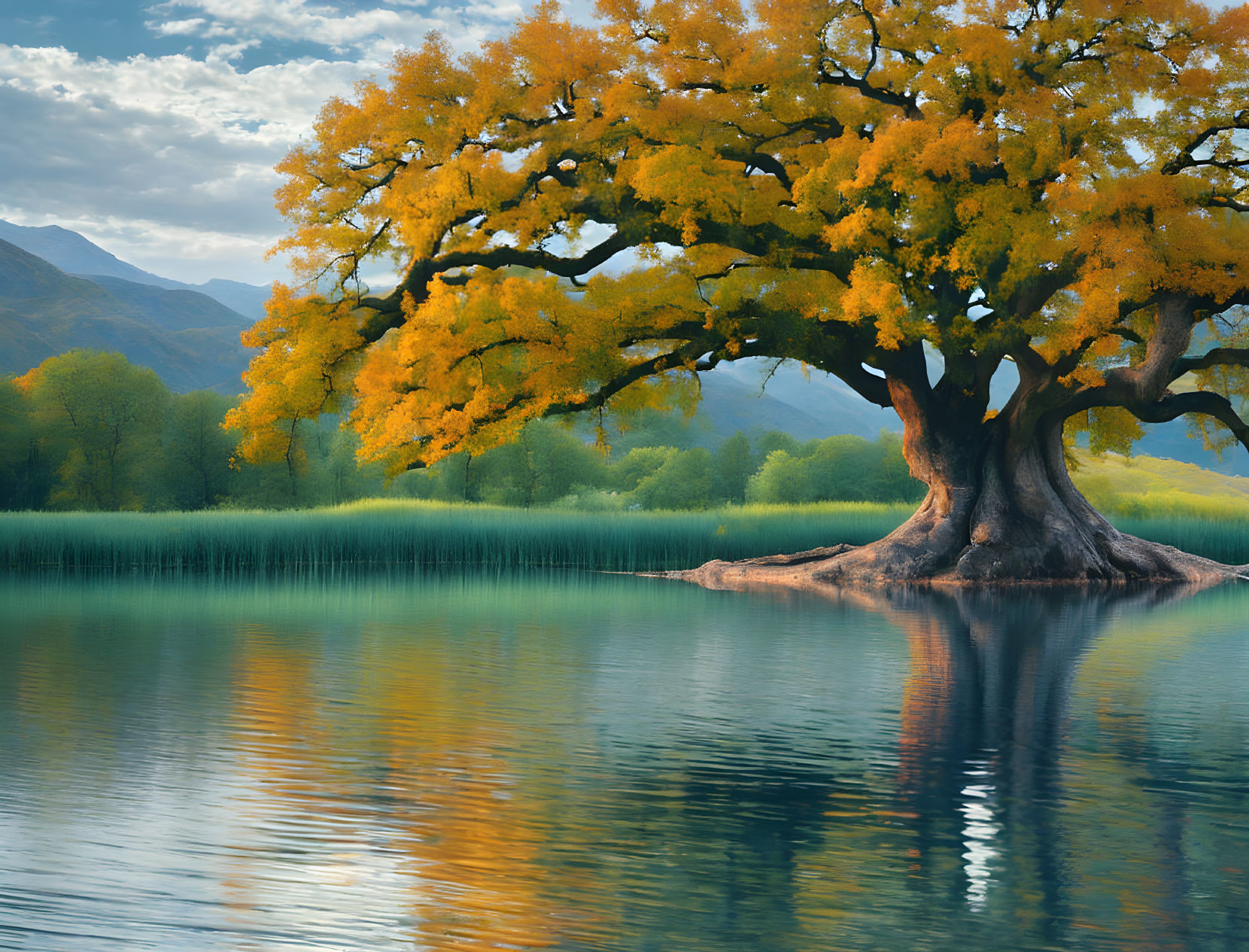 Majestic tree with golden foliage by tranquil lake and hills