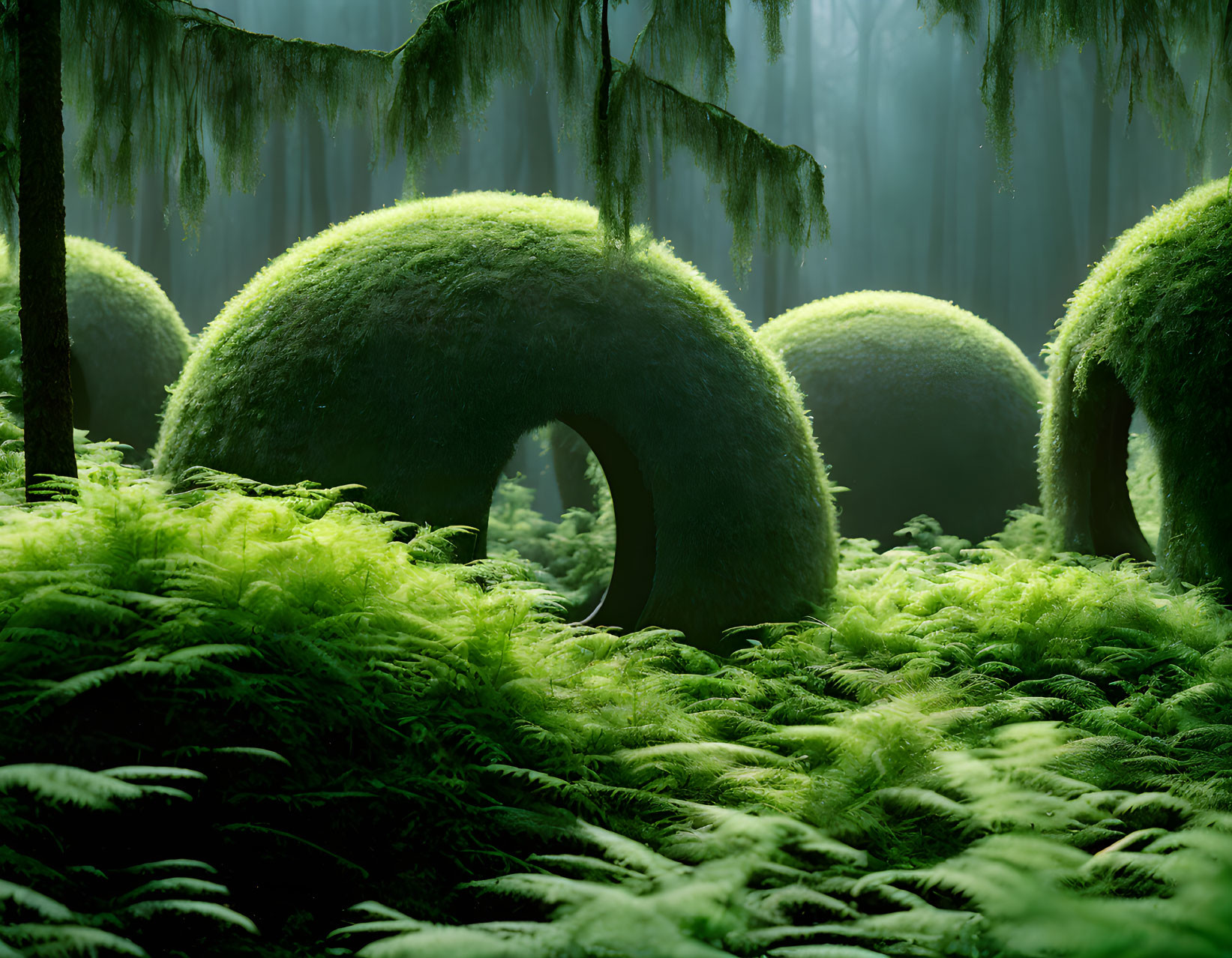 Lush moss-covered domes in mysterious forest scene