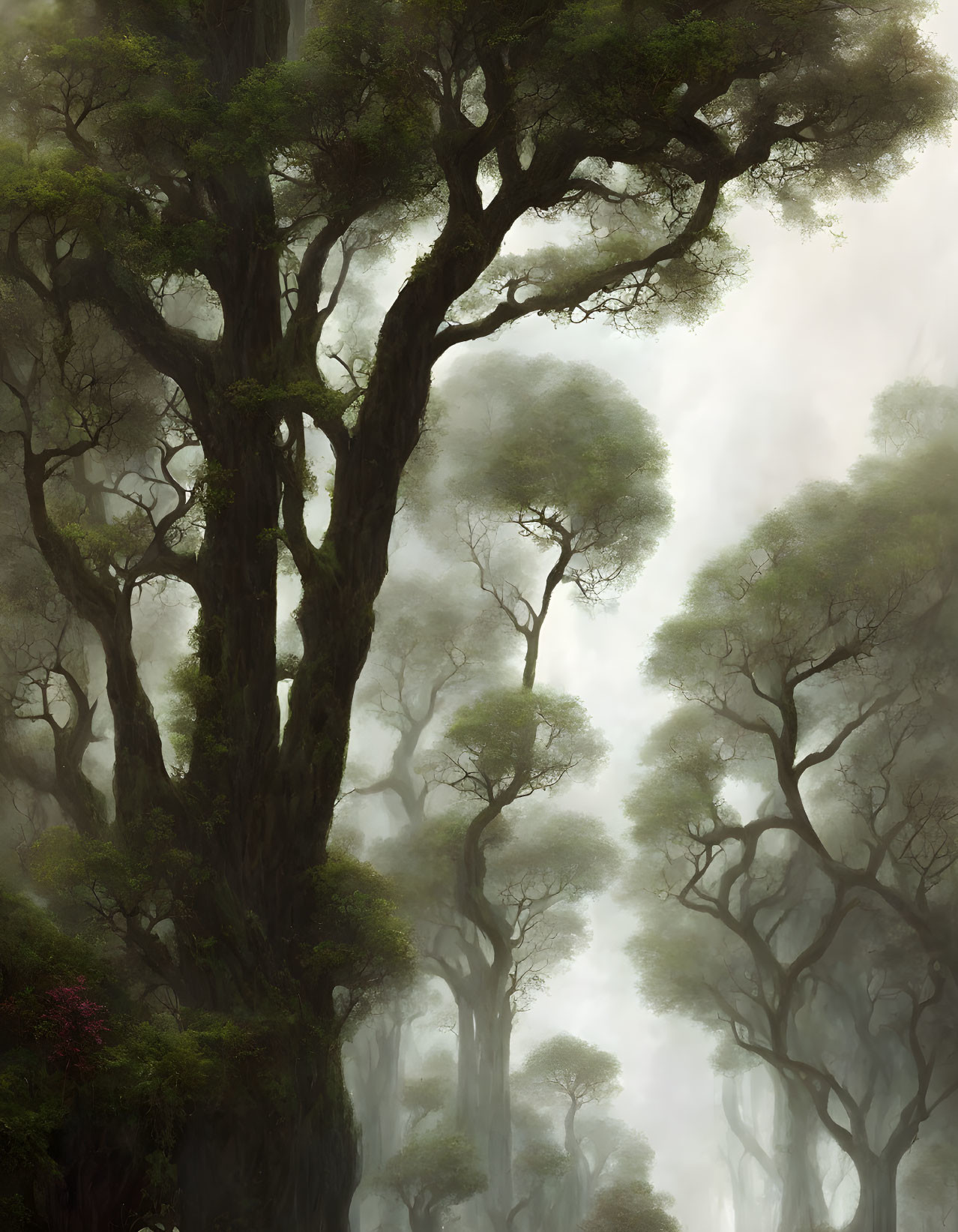 Misty forest landscape with towering trees and lush foliage