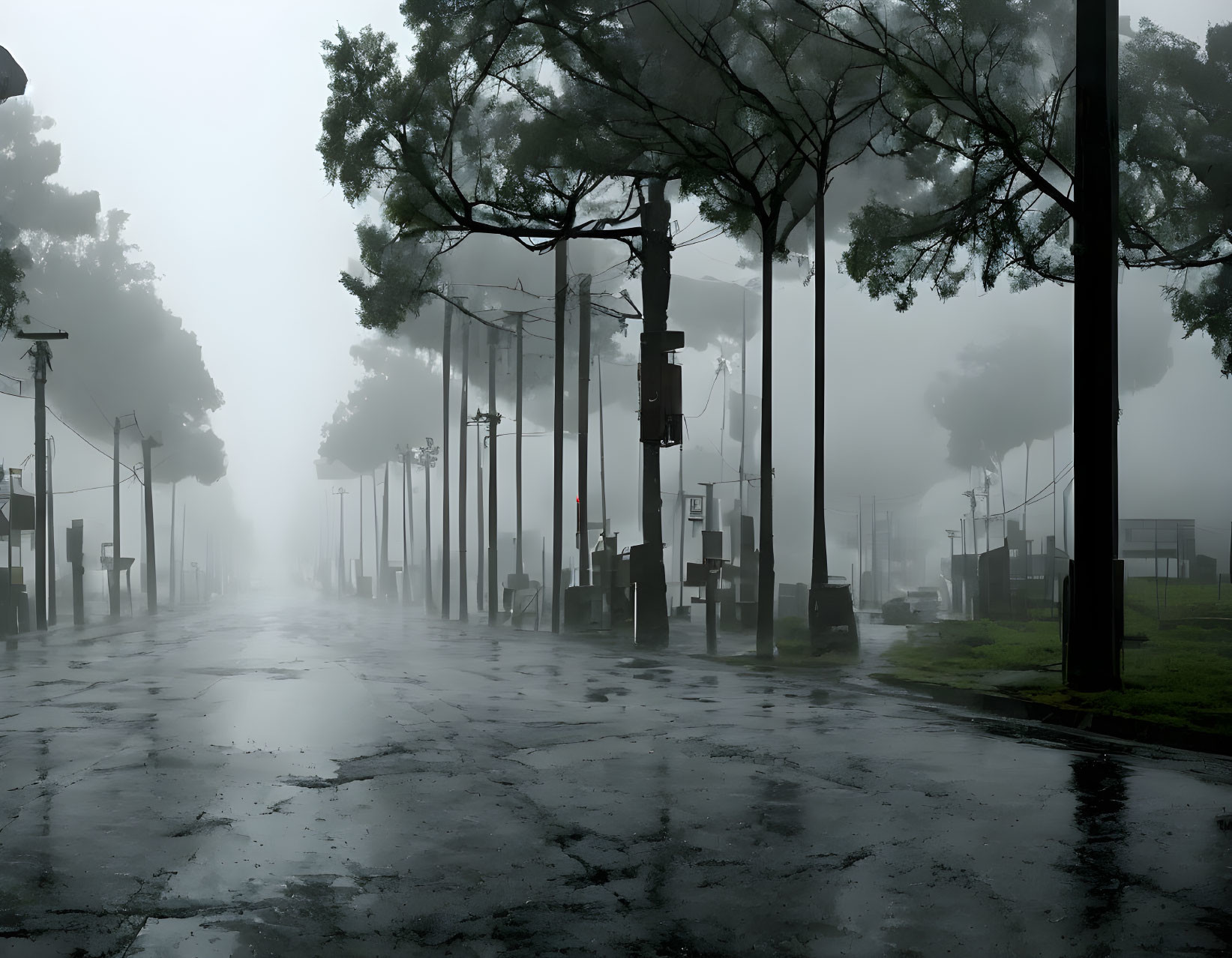 Misty street with trees, streetlights, and benches on wet pavement