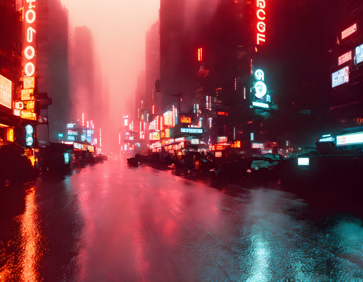 Vibrant neon city street under red haze and misty skyscrapers