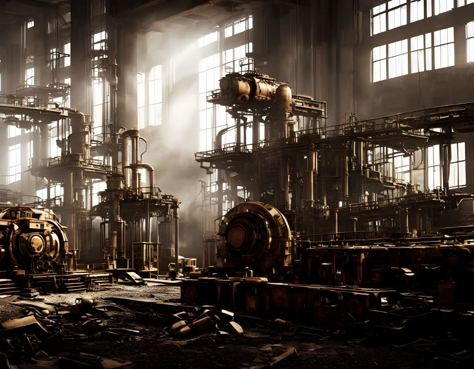 Dimly Lit Industrial Interior with High Windows and Machinery