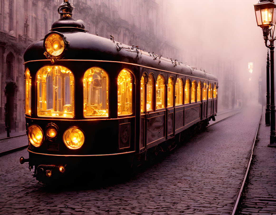 Vintage tram on foggy cobbled street at dusk