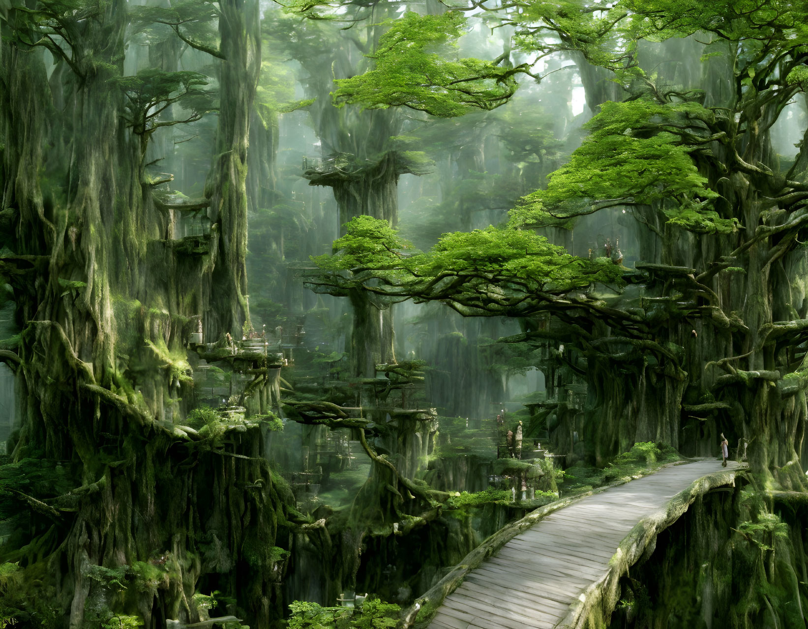 Enchanting forest scene with moss-covered trees, fog, pathway, and treehouse structures