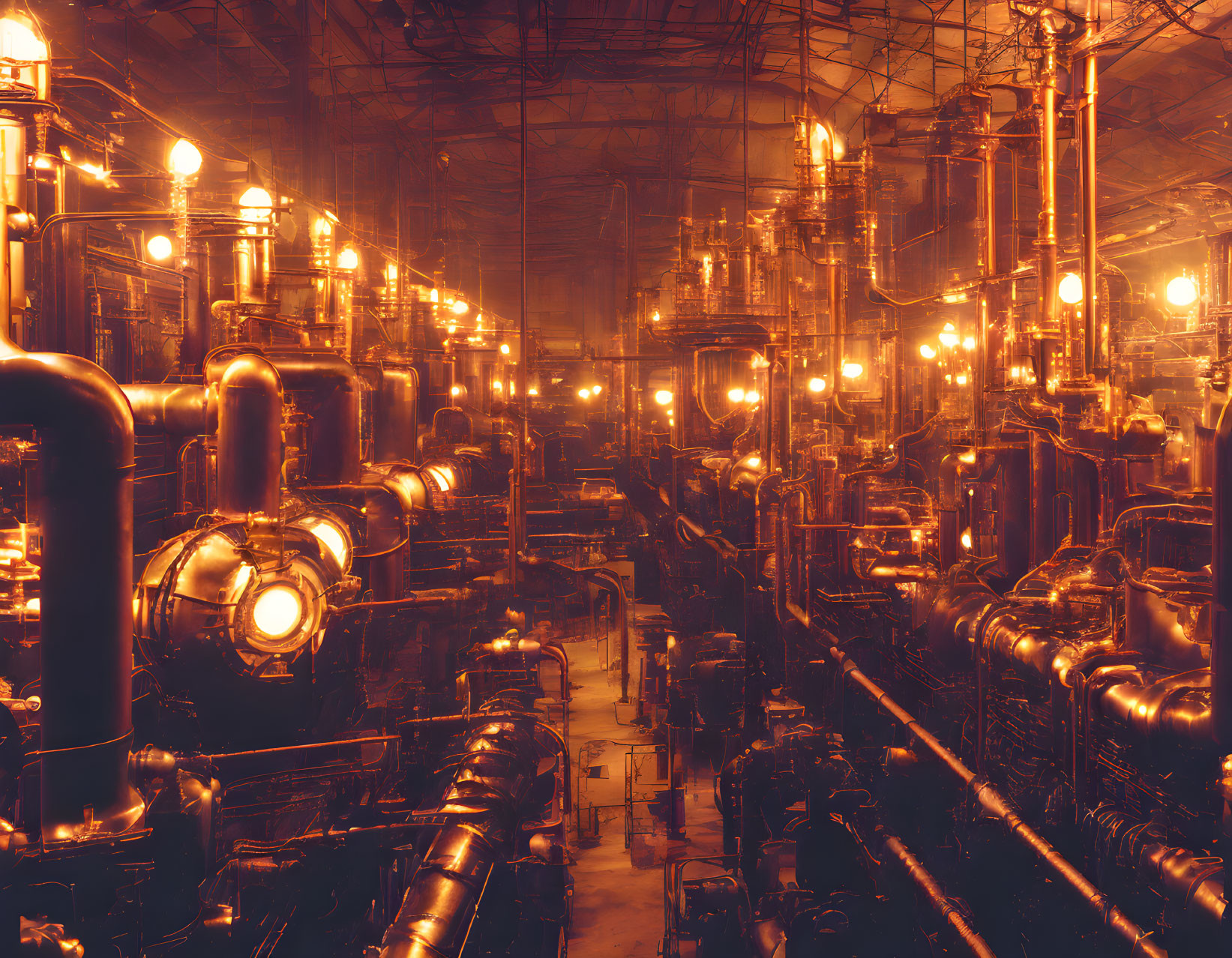 Golden-lit industrial interior with pipes, valves, and tanks