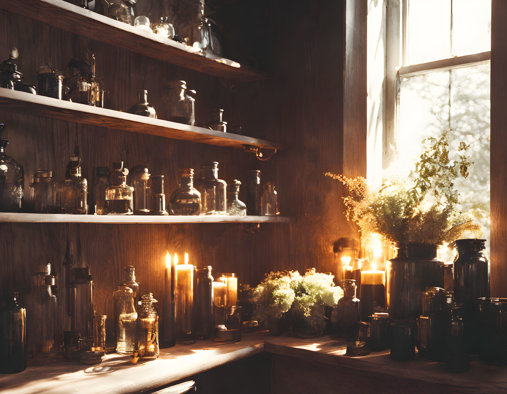 Vintage Wooden Interior with Glass Bottles, Greenery, and Candles