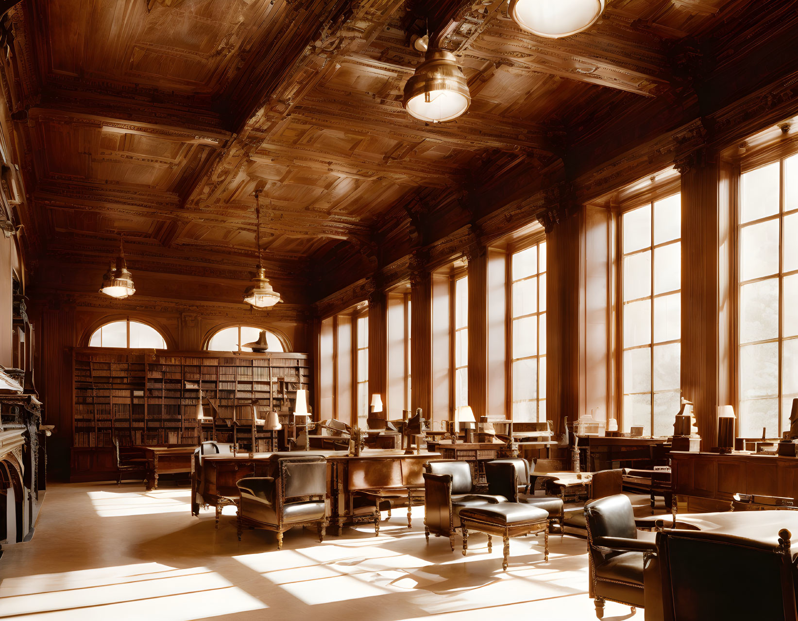 Classic wood-paneled library with large windows, bookshelves, and elegant furniture