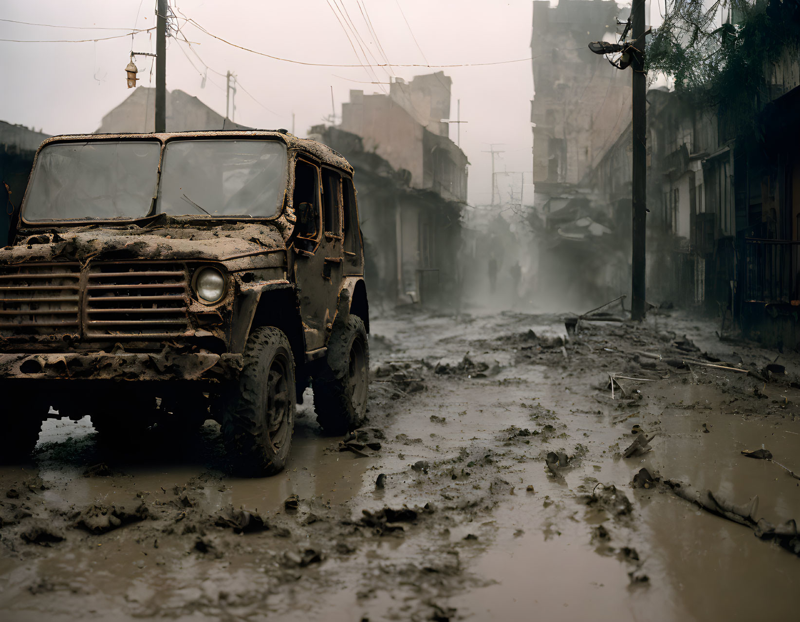 Muddy jeep parked on desolate street with dilapidated buildings