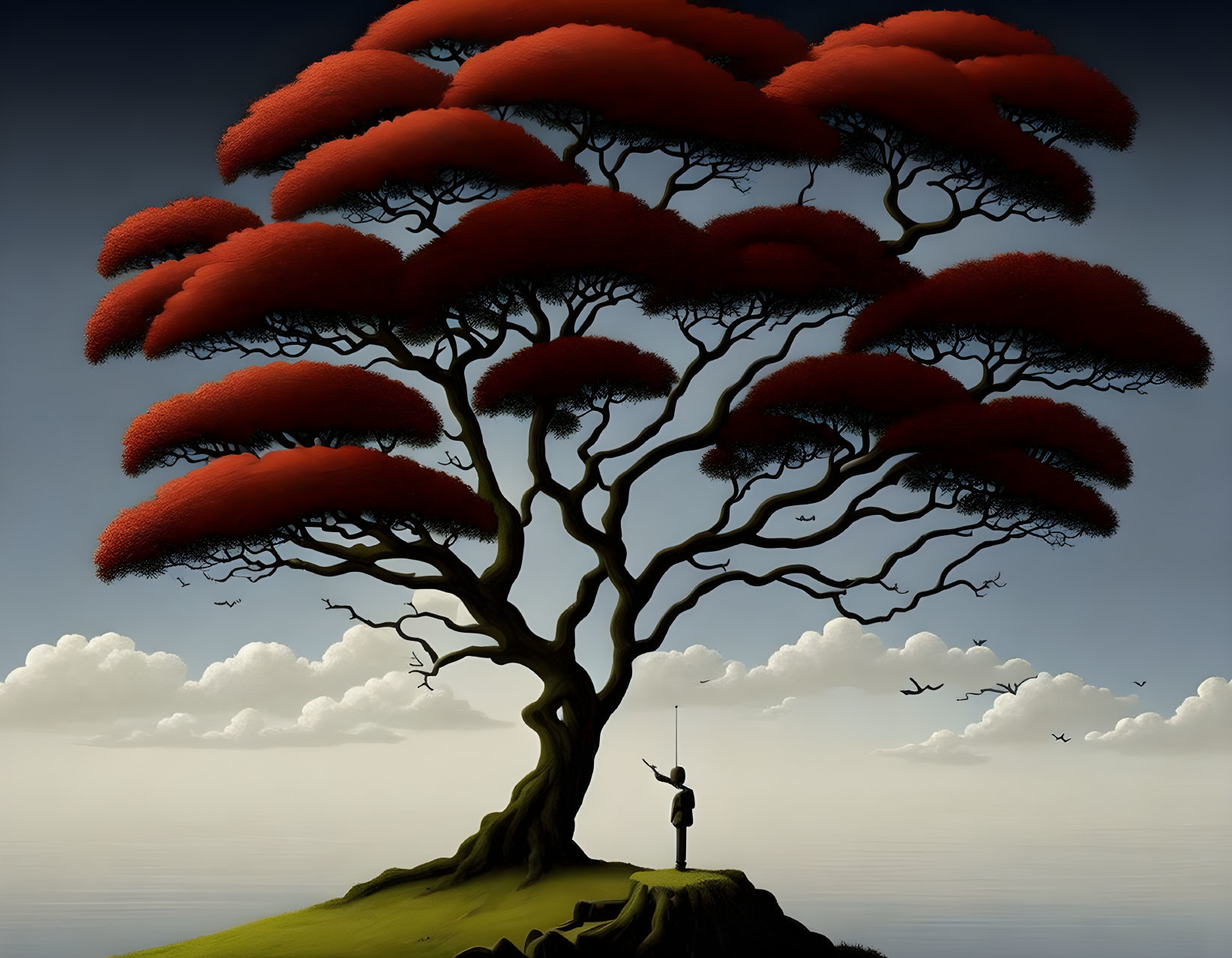 Person under large tree with red foliage on grassy hill, pointing at sky.