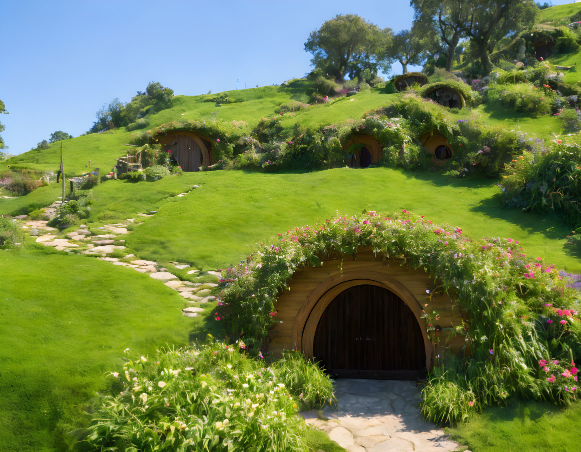 Green hills with hobbit-hole dwellings and stone pathway in serene landscape