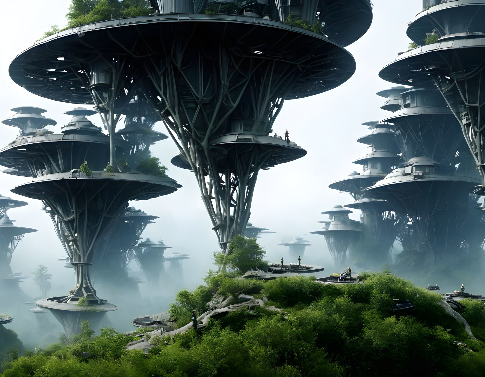 Futuristic city with mushroom-shaped towers in misty forest