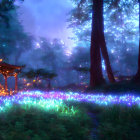 Enchanted forest pathway with colorful lights and gazebo under twilight sky