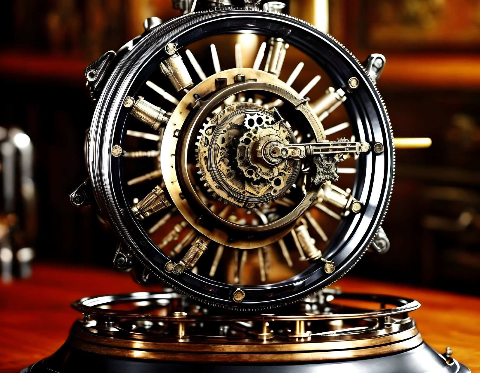 Exquisite mechanical clock with exposed gears and cogs on blurry background