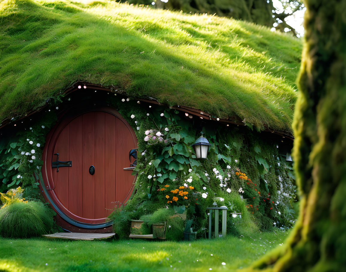 Round grassy hillside door with flowers and lantern - cozy, Hobbit-like setting