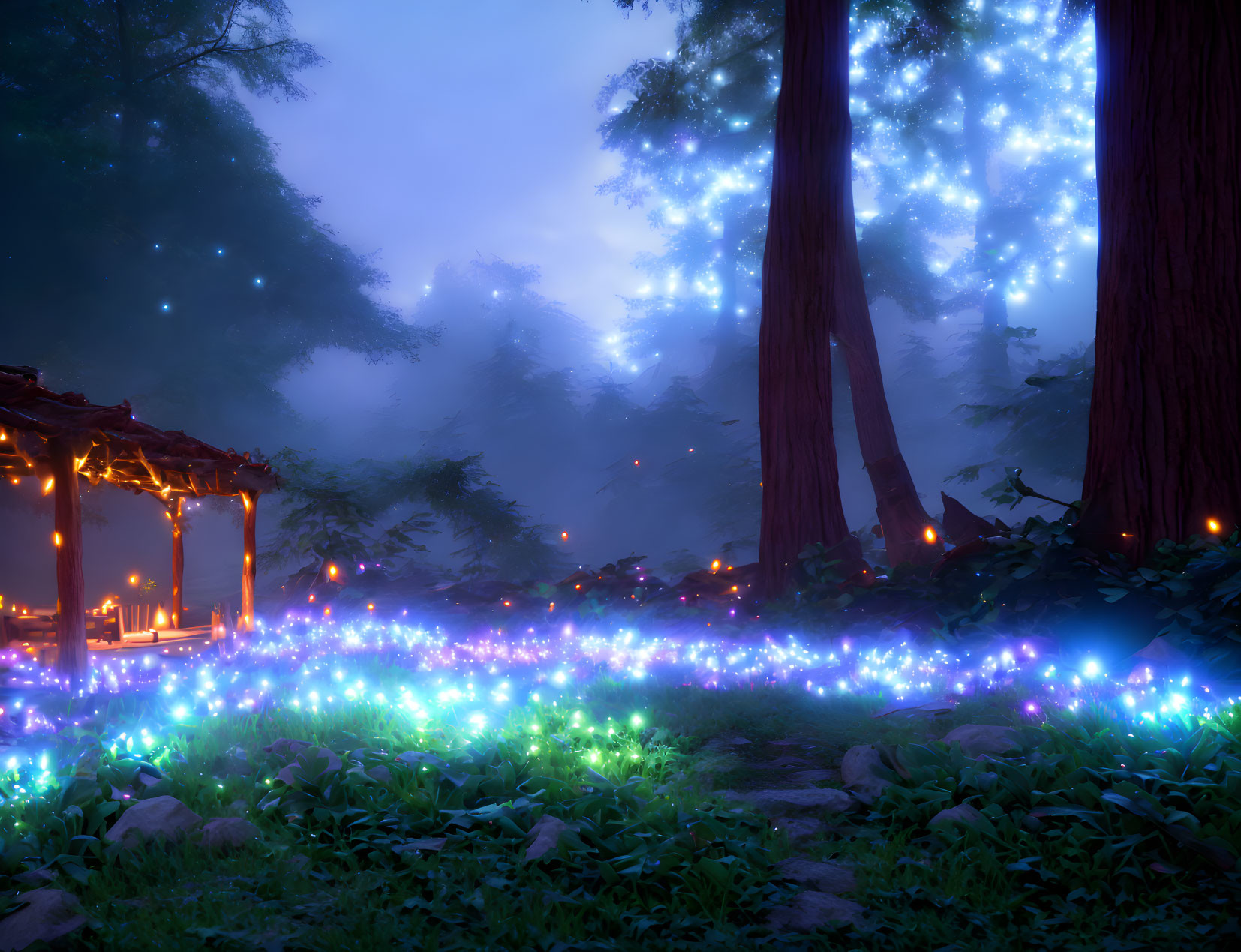 Enchanted forest pathway with colorful lights and gazebo under twilight sky