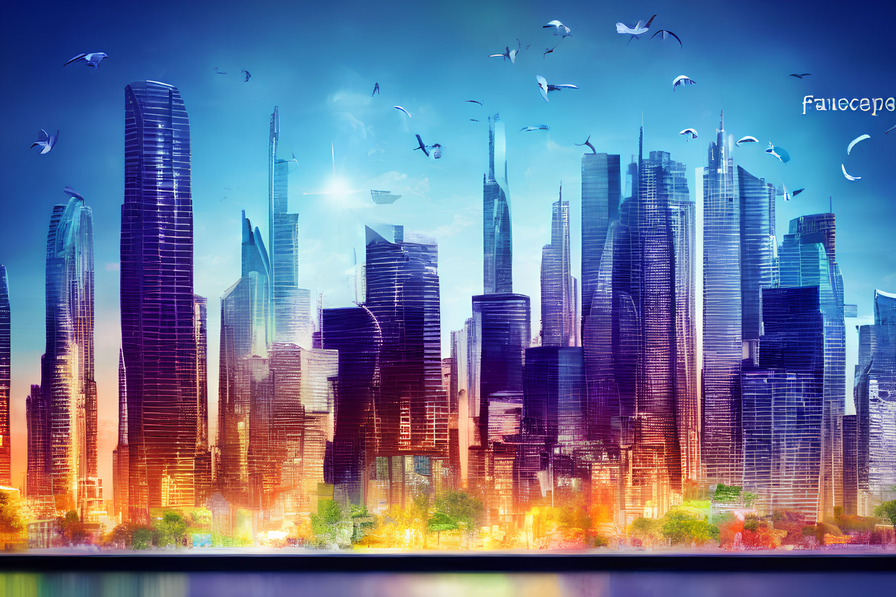 Reflective skyscrapers in vibrant futuristic skyline with birds and colorful glow.