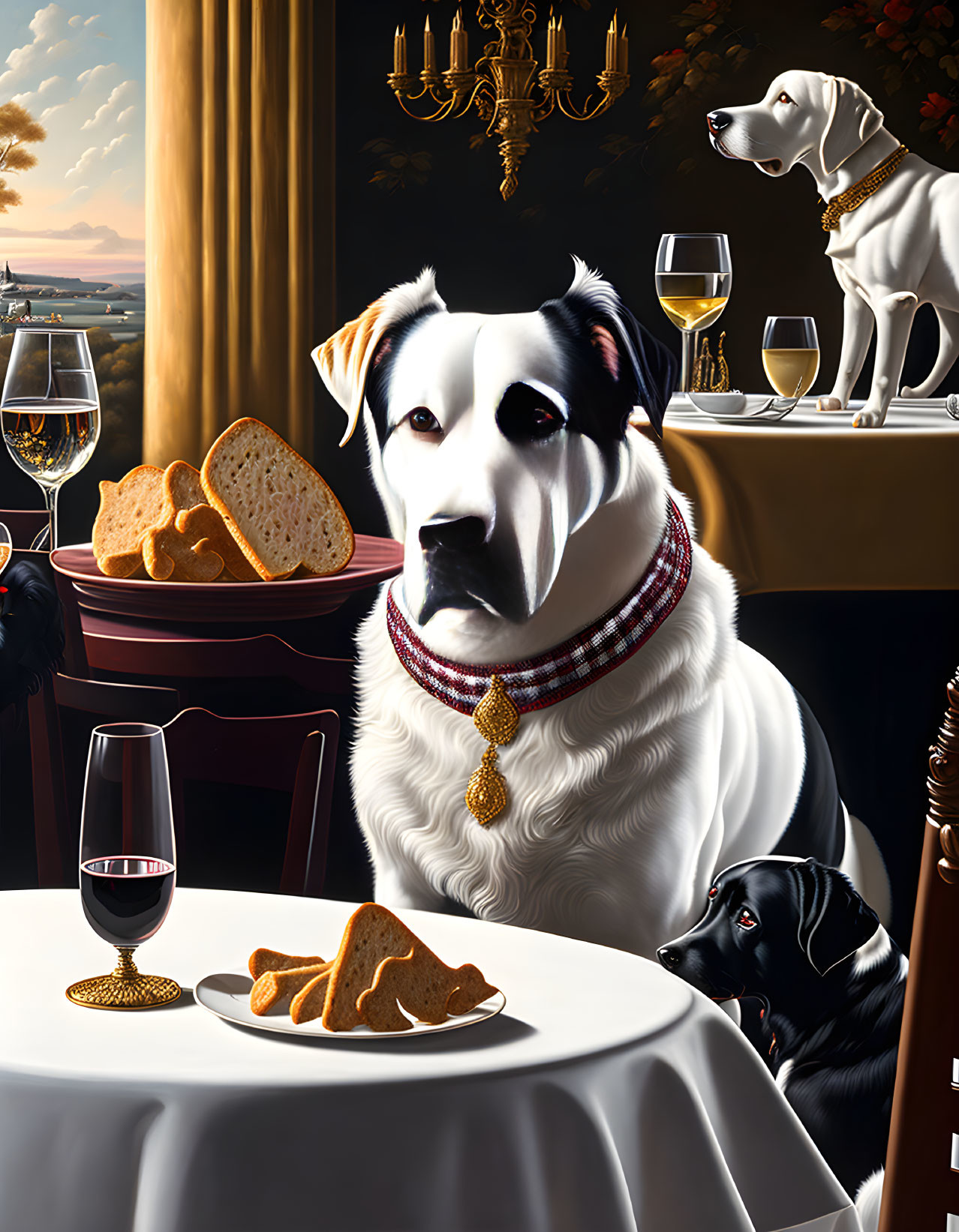 Two dogs at a table with bread and wine, chandelier and landscape in the background.