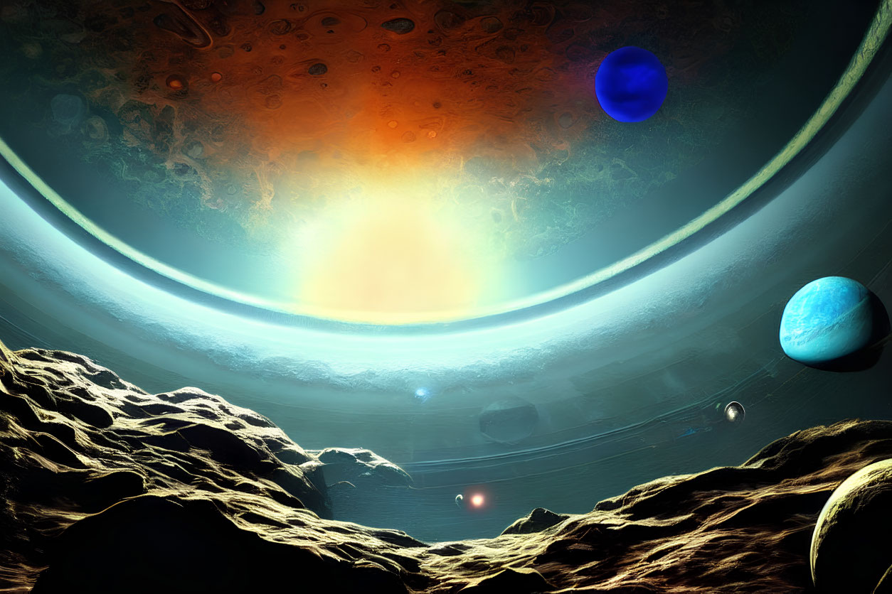 Colorful Space Scene with Planets, Nebula, and Gas Giant