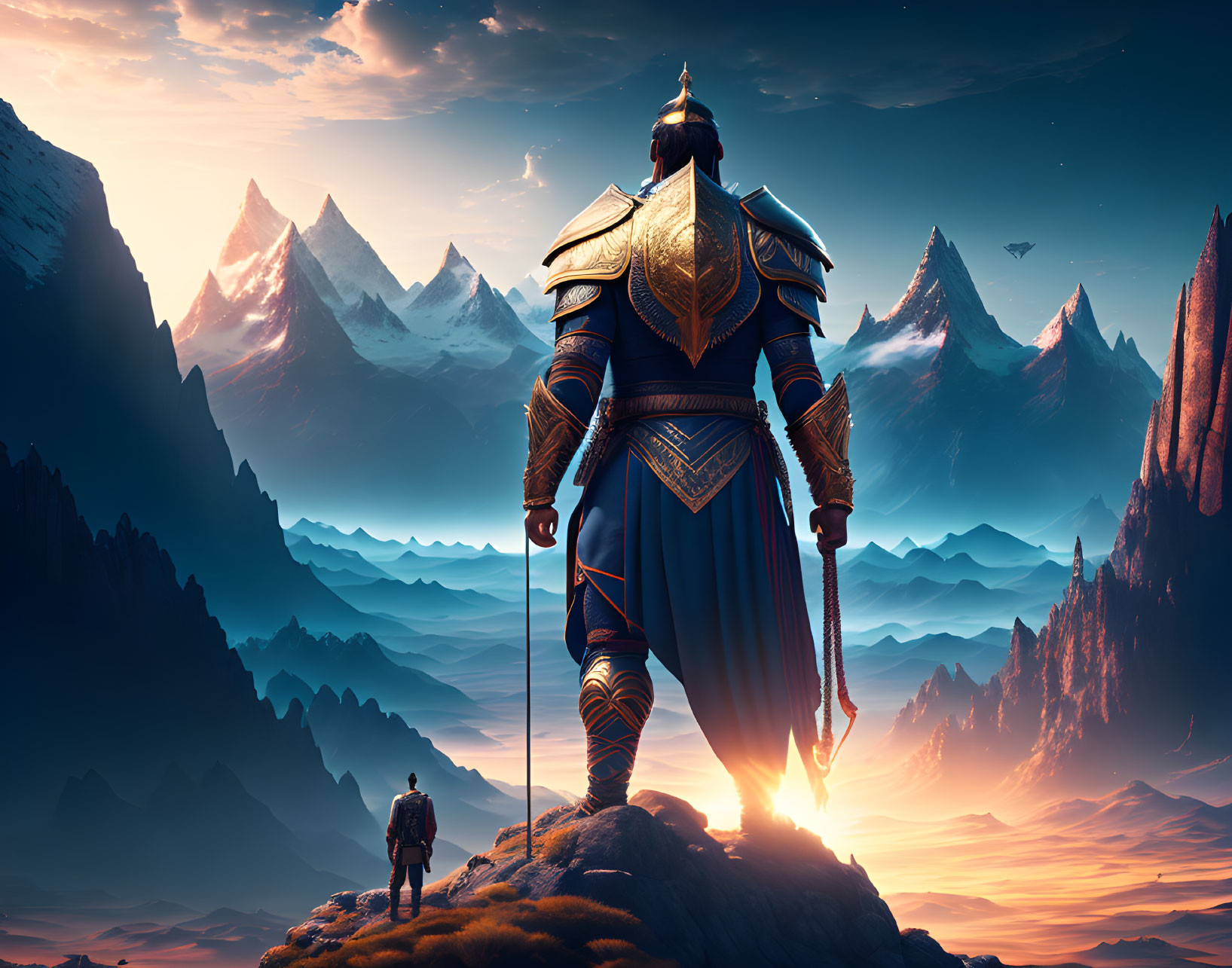 Warrior in ornate armor on cliff at sunset with smaller figure, sharp mountain peaks.