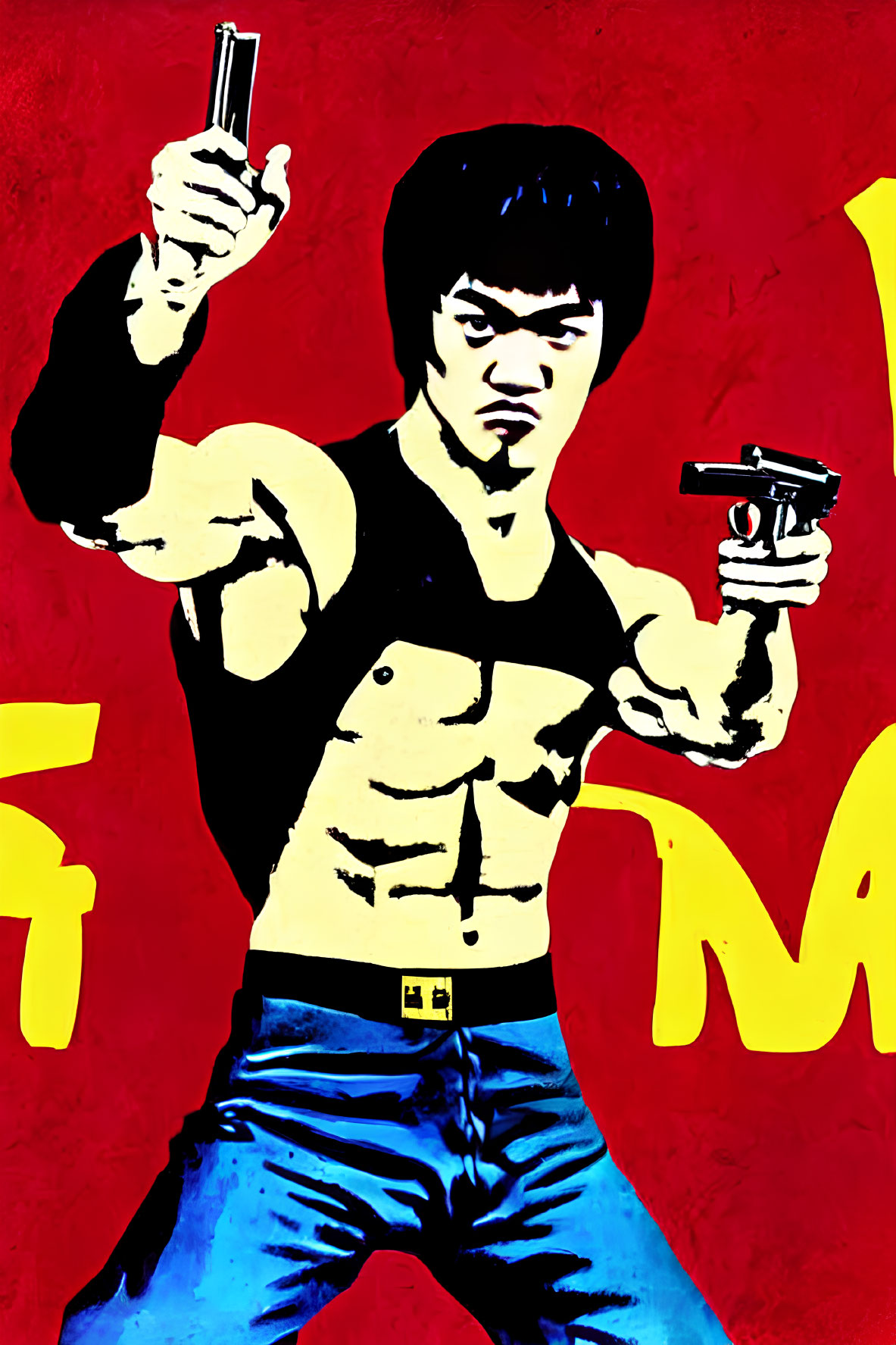 Man in martial arts pose with two guns on red and yellow background