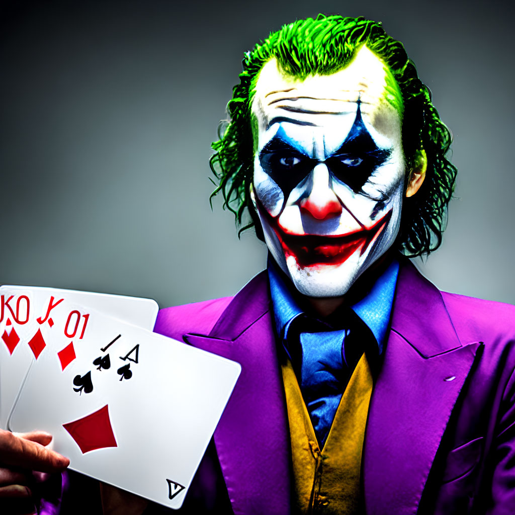 Person in Joker costume with playing cards, purple coat, green hair, and colorful face makeup