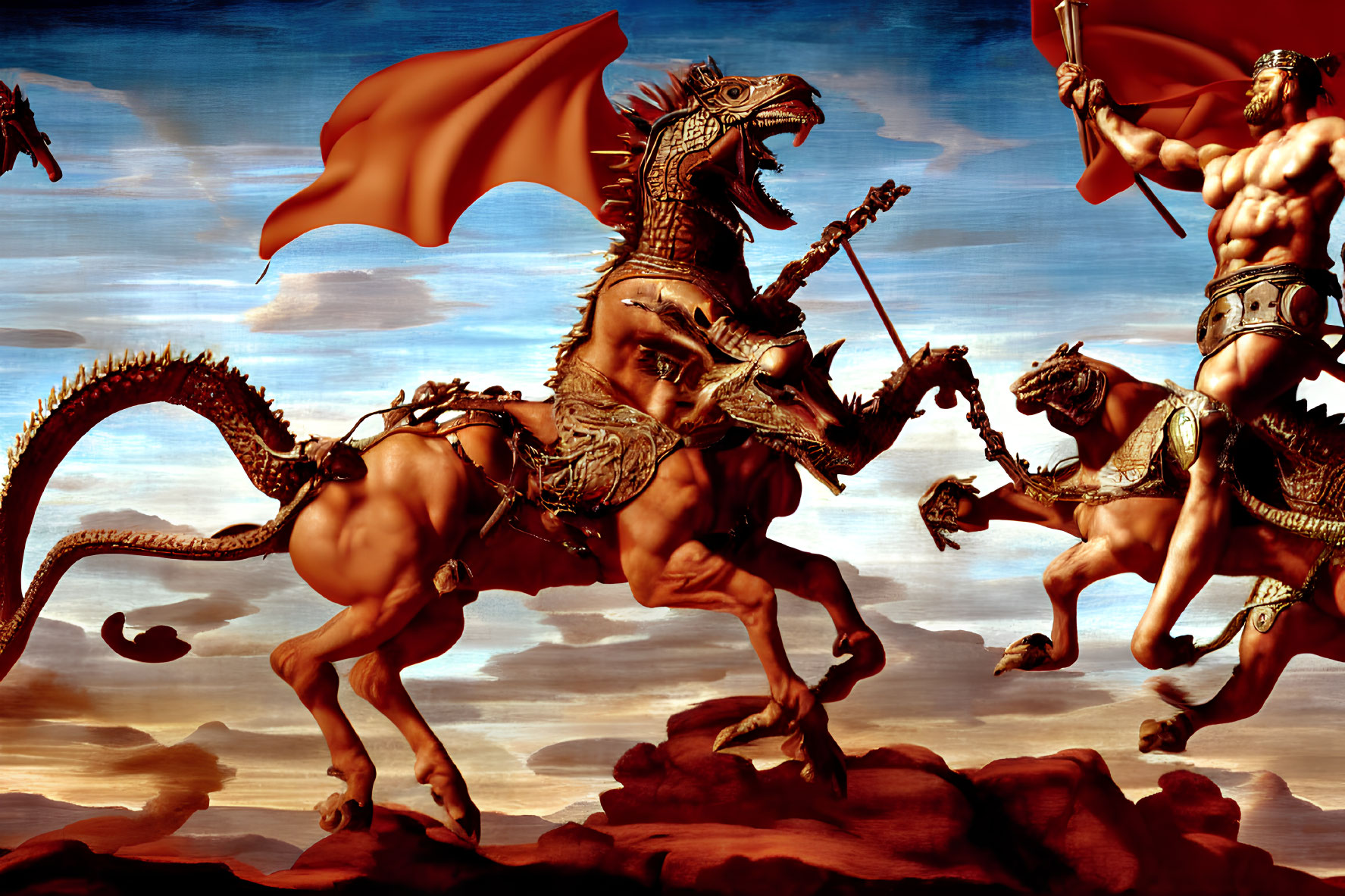 Warriors riding dragon-like creatures in a dramatic sky