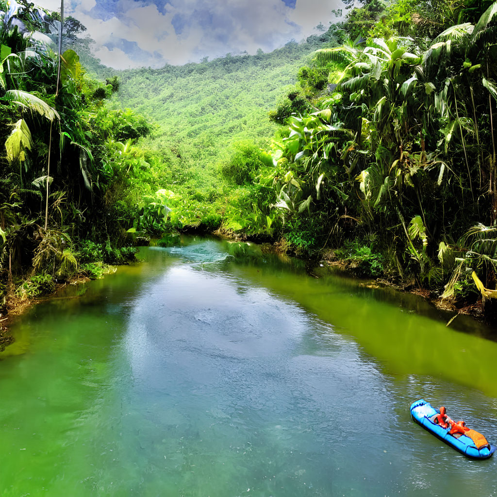 Tropical Forest with River and Kayak on Cloudy Day