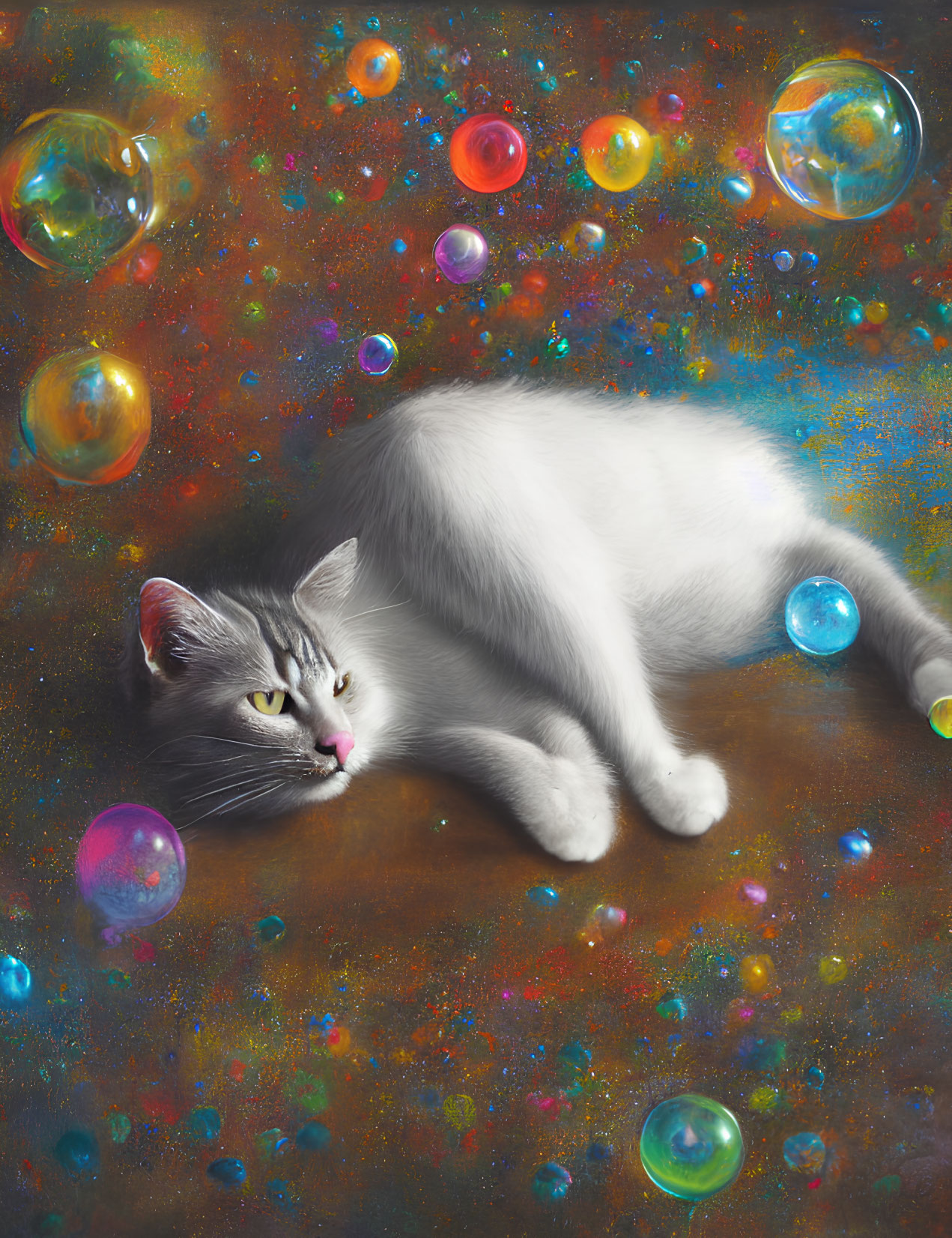 White and Grey Cat Relaxing in Cosmic Space with Multicolored Bubbles