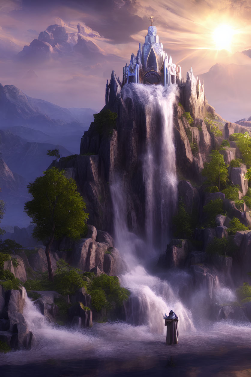 Fantasy castle on waterfall with robed figure at sunrise