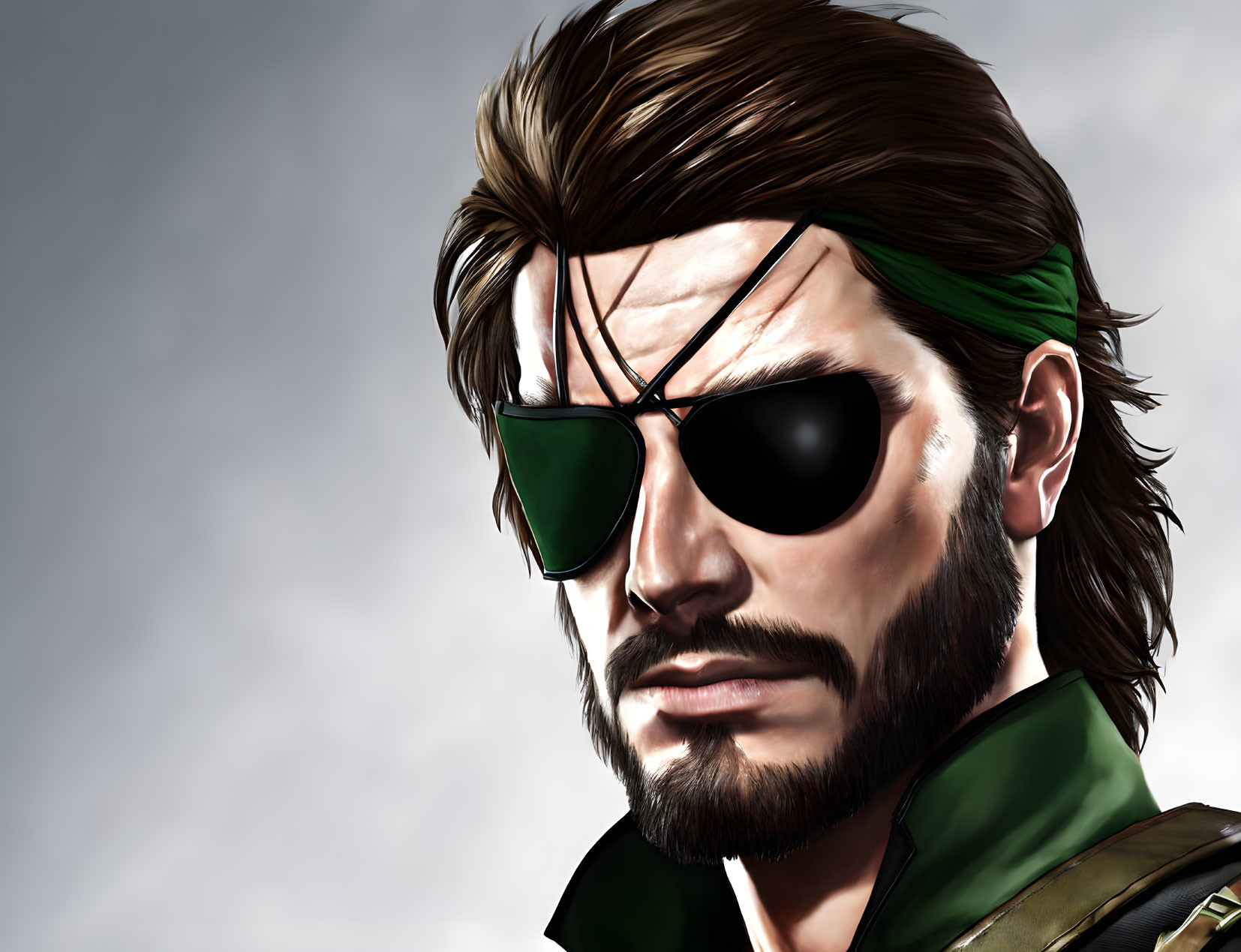 Male character with eyepatch, aviator sunglasses, full beard, and bandana against cloudy sky