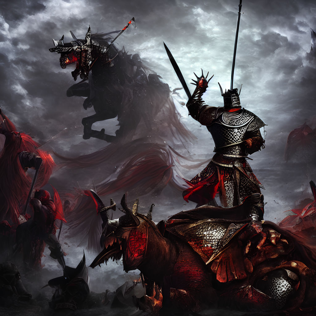 Armored warrior on horse with raised weapons in malevolent landscape