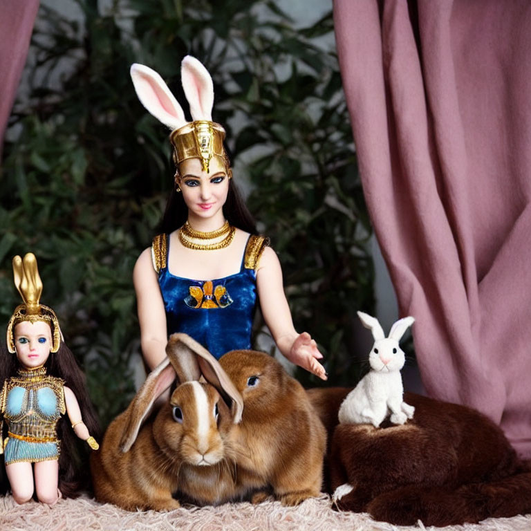 Rabbits with dolls in Cleopatra costume on textured surface