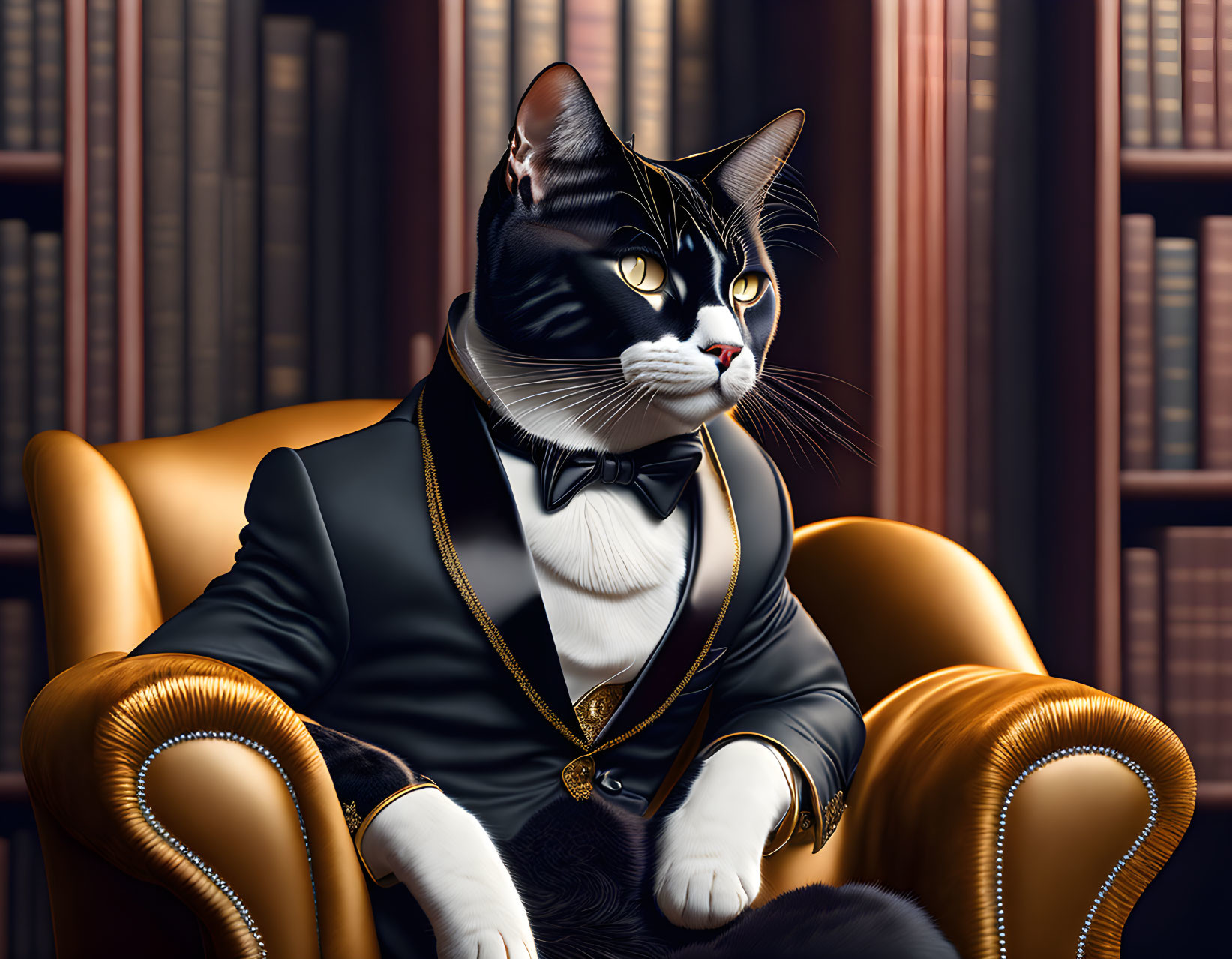 Elegant black and white cat in tuxedo on golden armchair