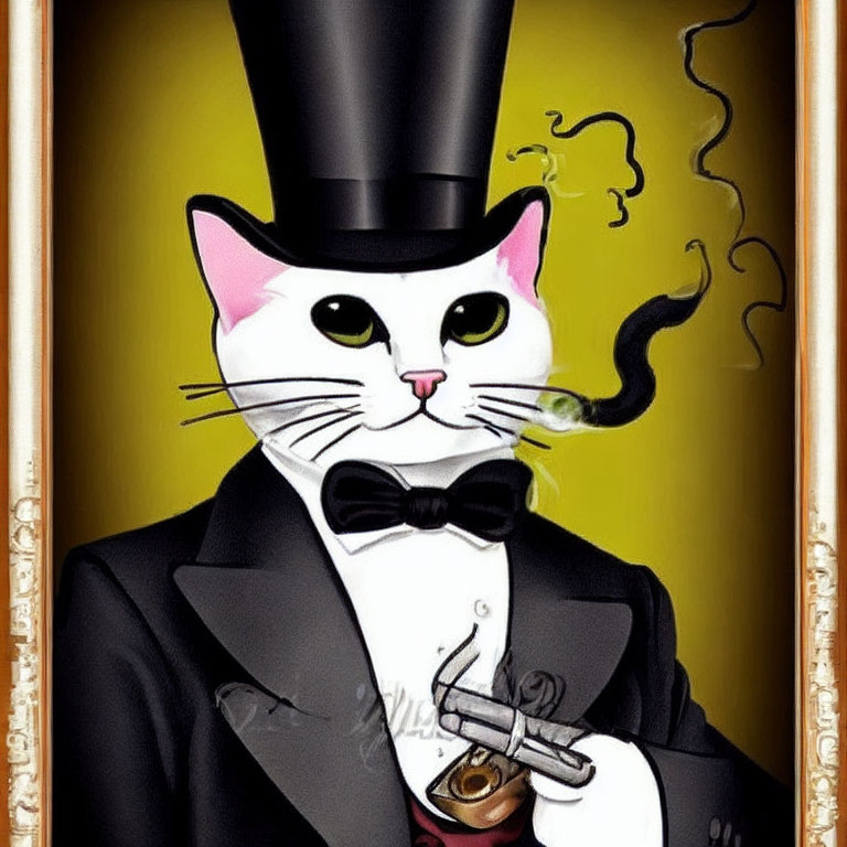 Anthropomorphic white cat in tuxedo and top hat with cigar smoke - sophisticated image