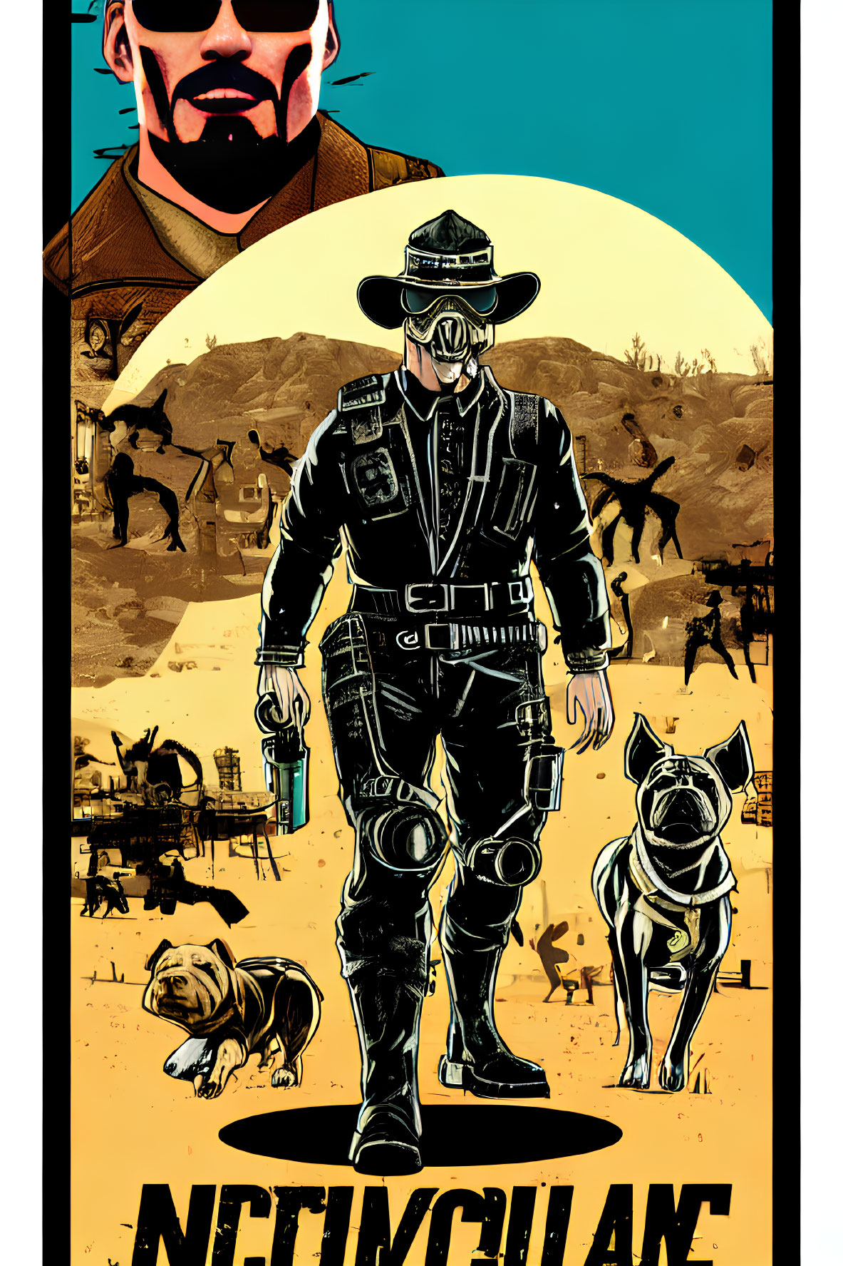 Detailed Western Sheriff Illustration with Bulldogs in Desert Setting