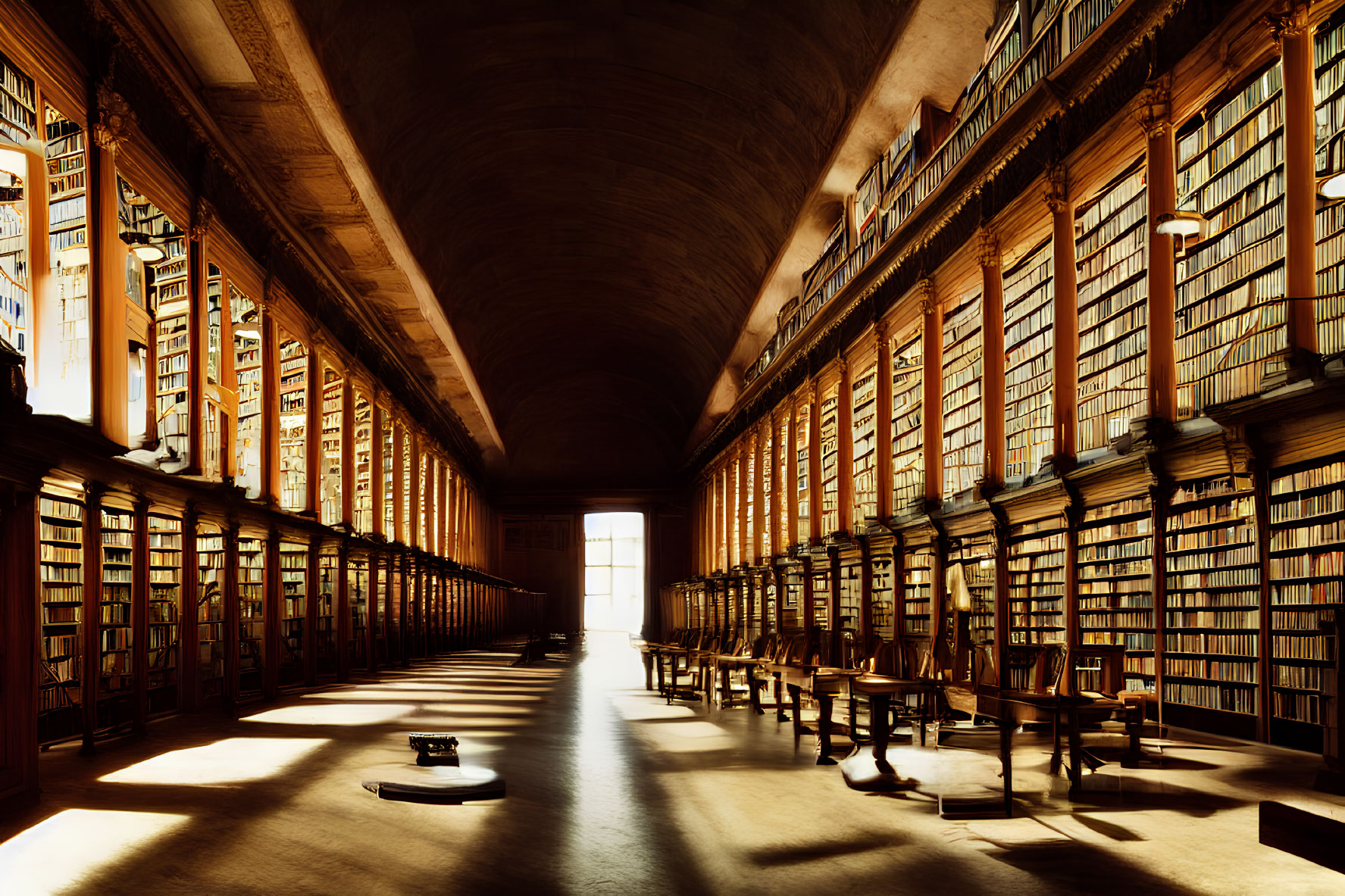 Classical library with wooden bookshelves and reading tables