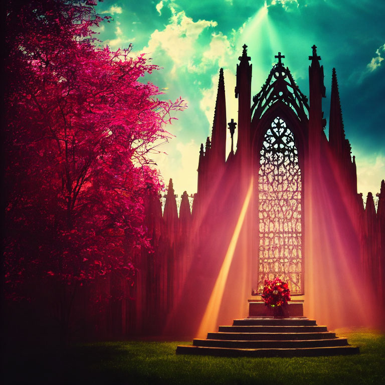 Gothic window with sun rays in surreal landscape with pink tree