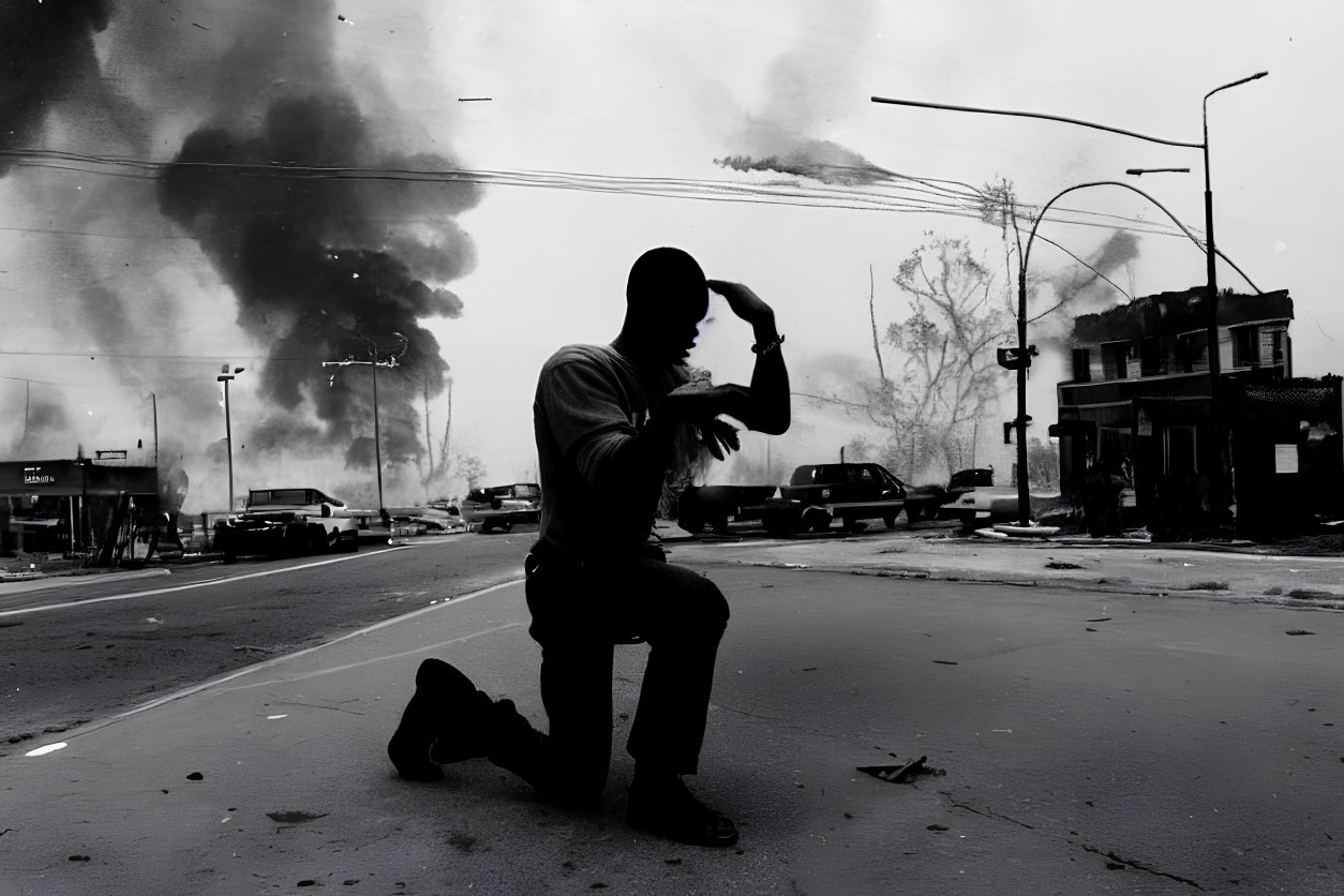 Silhouette of kneeling person amidst burning urban structures