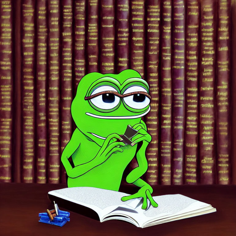 Green frog with glasses reading book at table with chocolate and bullets near bookshelf
