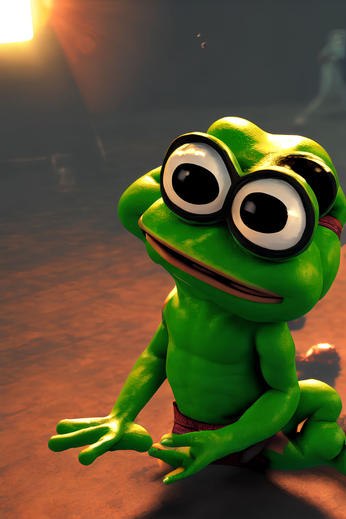 Green Frog in Red Pants on Brown Surface with Glowing Background