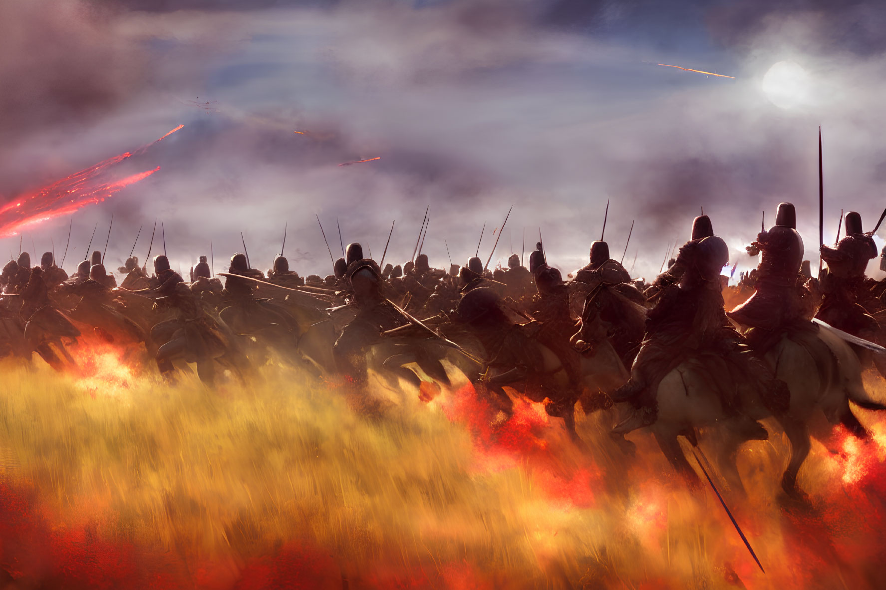 Mounted warriors charging through flames in dramatic battle scene under streaking projectiles.