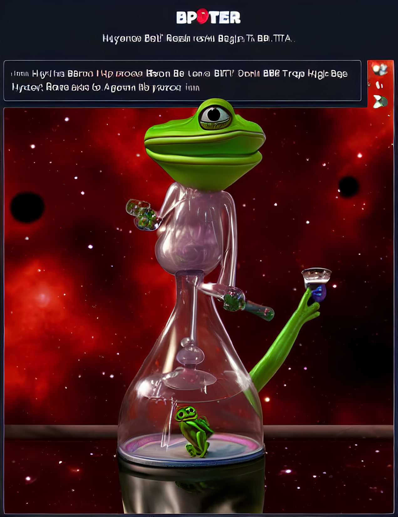 3D illustration of green frog playing trumpet in space helmet