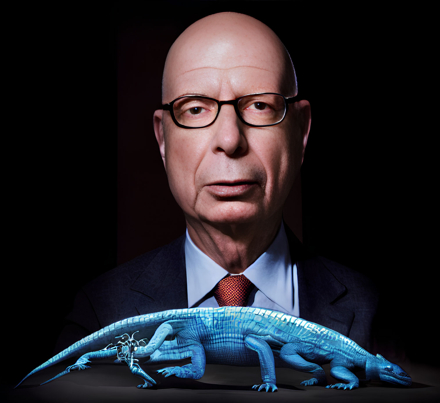 Bald man in suit and tie with glasses and blue lizard