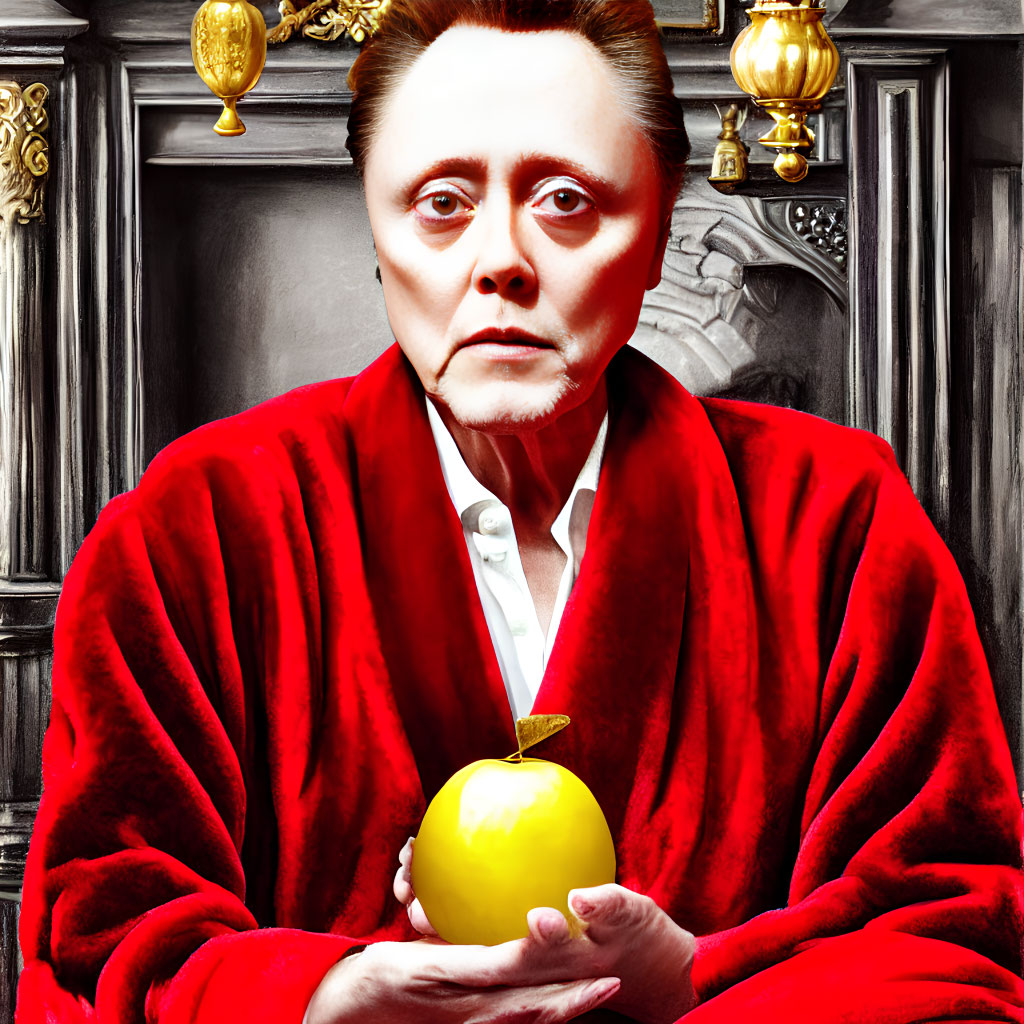 Gothic-style makeup person in red robe with yellow apple on ornate background